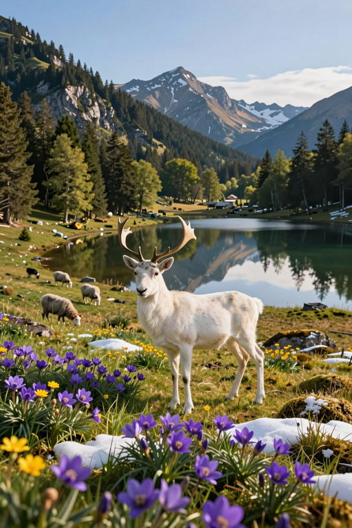 Un majestueux cerf blanc aux grands bois se tient dans une prairie alpine fleurie près d'un lac de montagne.
