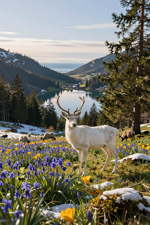 Un cerf blanc se tient au milieu de fleurs bleues dans un paysage montagneux pittoresque avec un lac et de la neige.