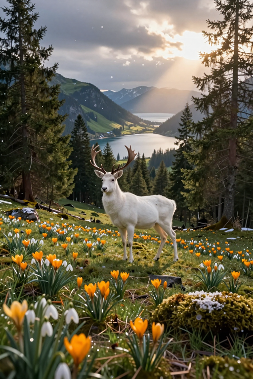 A majestic white deer stands in a field of blooming crocus flowers overlooking a mountain lake.