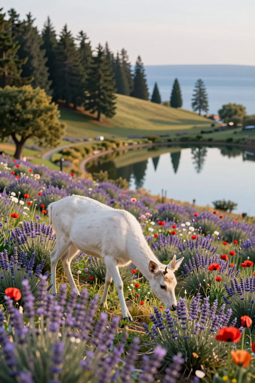 A white deer grazes peacefully in a vibrant field of lavender and red poppies.