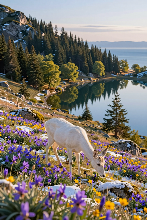 A white deer grazes in a vibrant field of purple and yellow flowers near a mountain lake.