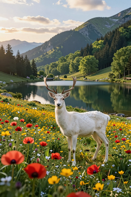 A white deer grazes in a lush meadow filled with colorful spring flowers near a mountain lake.