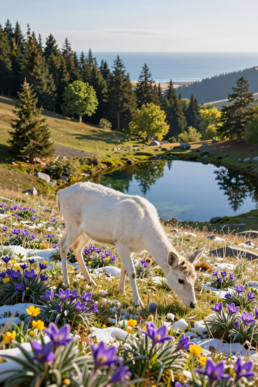 Un cerf blanc se tient au milieu de fleurs violettes et de plaques de neige près d'un lac de montagne.