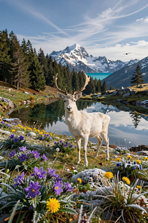 A majestic white deer stands in a meadow of wildflowers with snow-capped mountains and a lake in the background.