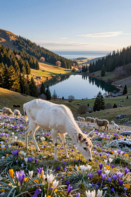 A white deer grazes in a blooming meadow of crocuses near a mountain lake.
