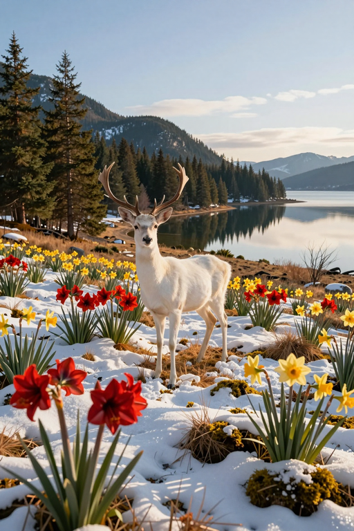 A white deer stands amidst blooming purple crocuses and yellow flowers in a snowy mountain landscape.