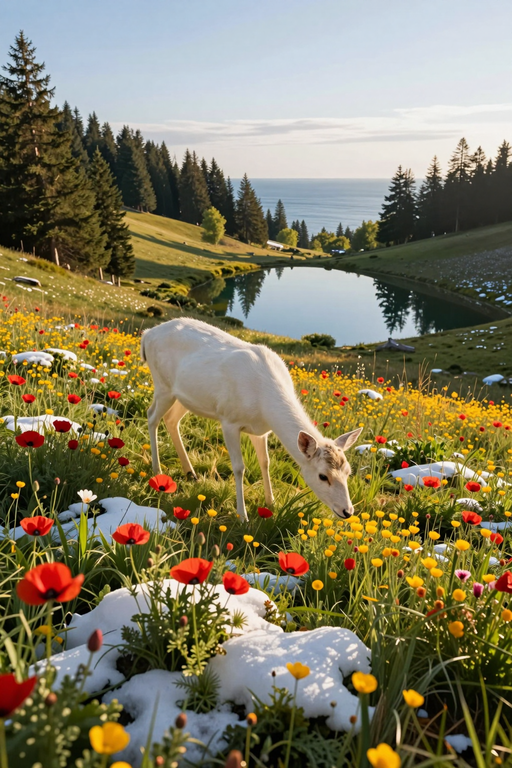 A white deer grazes in a lush meadow filled with colorful wildflowers and patches of snow.