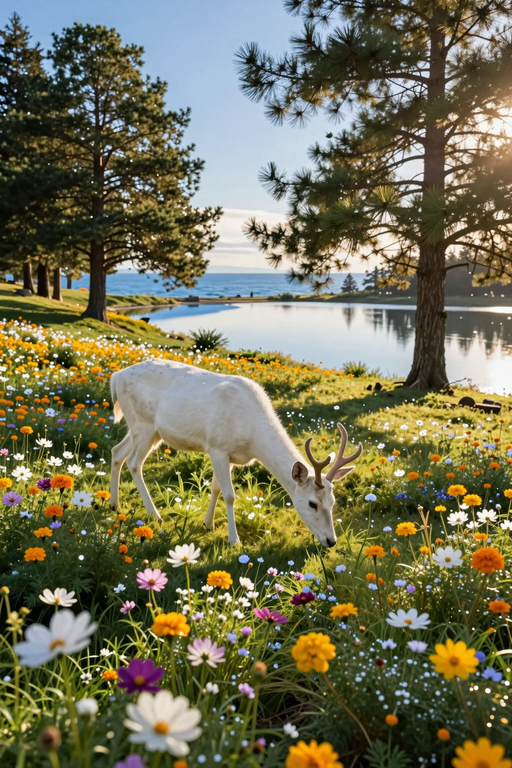 Un cerf blanc paît paisiblement dans une prairie éclatante remplie de fleurs sauvages colorées, près d'un lac serein.