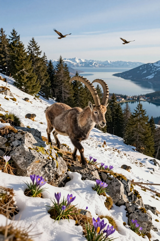 A wild ibex stands majestically on a snowy rocky slope overlooking mountain lakes.