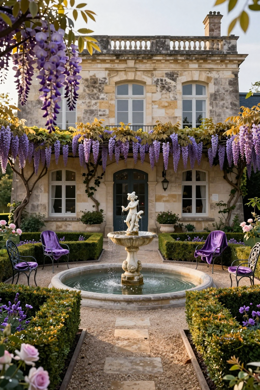Una bellissima dimora in pietra con una fontana centrale circondata da rigogliosa glicine e giardini curati.