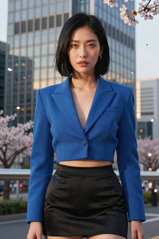 A young woman posing in a blue cropped blazer and black skirt against an urban background.