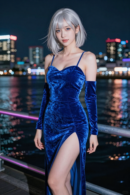 Eine elegante Frau in einem blauen Samtkleid posiert vor einer verschwommenen Skyline der Stadt bei Nacht.