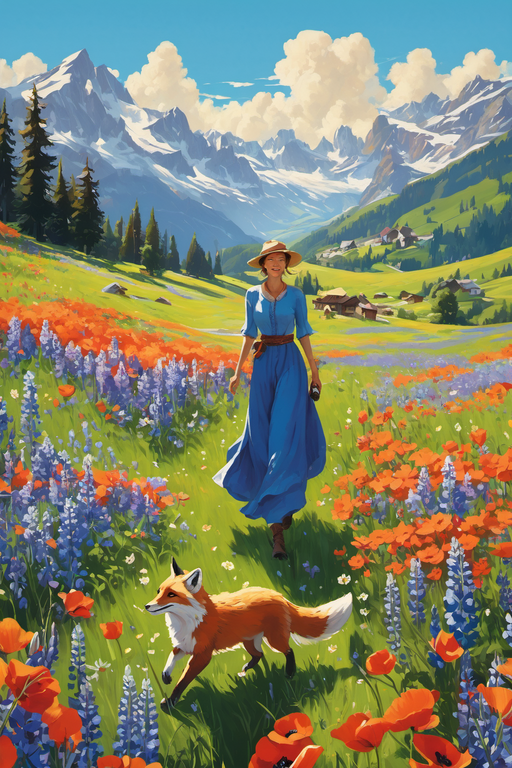 A woman in a blue dress walks through a wildflower meadow with a fox near snowy mountains.