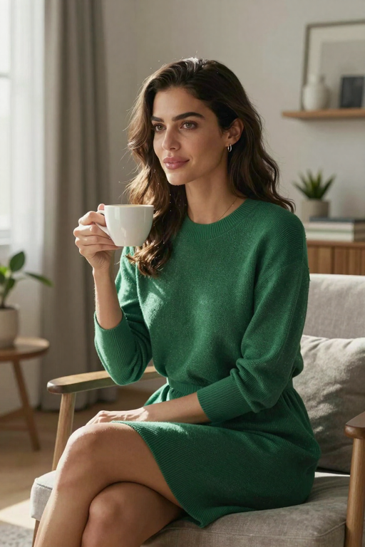 A woman in a green sweater dress sits comfortably while holding a white coffee cup.