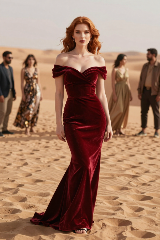 An elegant woman in a long red velvet dress poses amidst desert sand dunes.