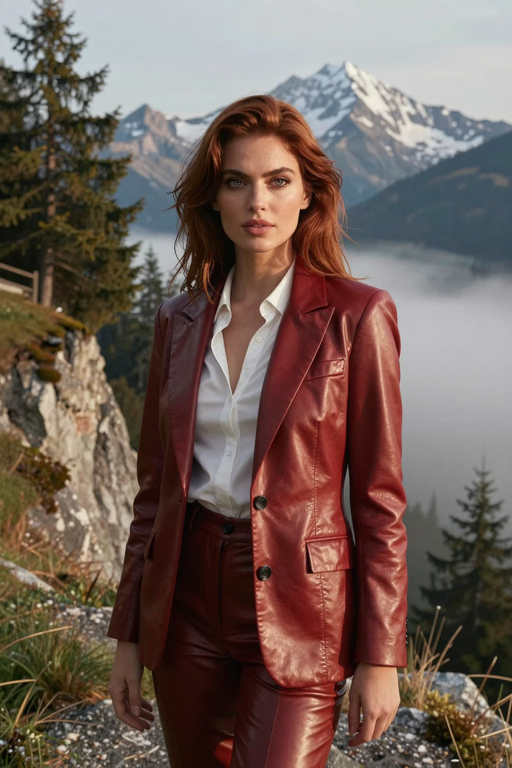 A woman wearing a reddish leather suit stands amidst a misty mountain landscape.