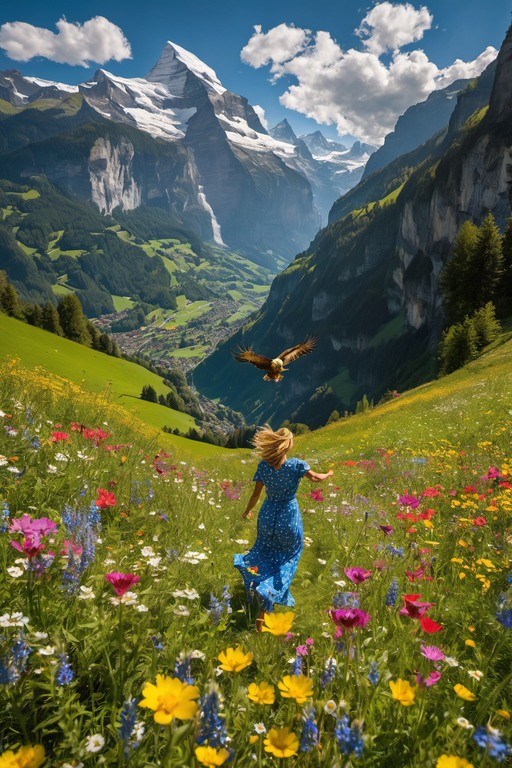 A woman in a blue dress walks through a vibrant wildflower meadow towards majestic snow-capped mountains.
