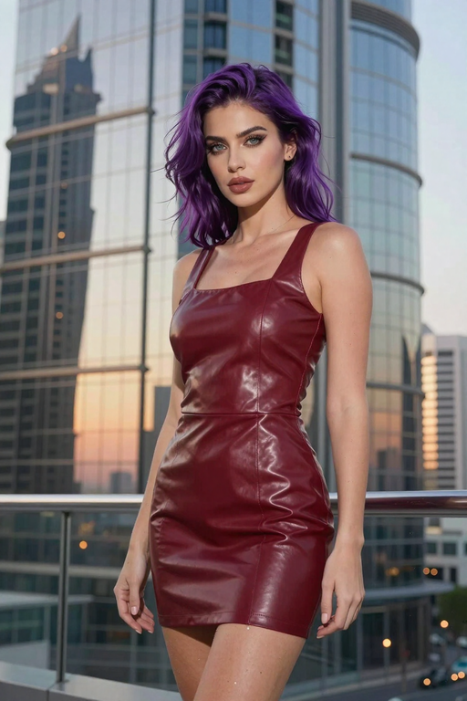 A woman with vibrant purple hair poses in a burgundy leather dress against a city backdrop.
