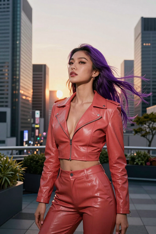 A woman with vibrant purple hair poses in a stylish salmon-colored leather outfit against a city skyline.