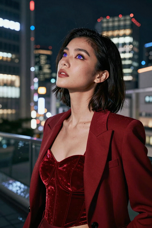 A stylish woman in a red blazer poses against a blurred backdrop of city night lights.