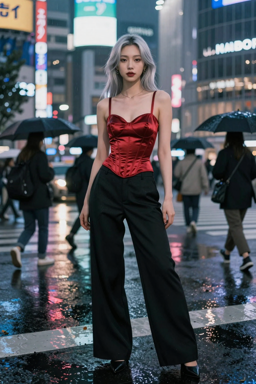 A stylish woman in a red corset and black wide-leg trousers poses on a rainy city street.