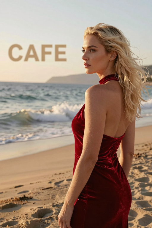 A blonde woman in a red velvet dress poses on a beach during golden hour.