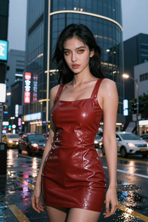 A woman in a red leather dress poses on a city street at night.