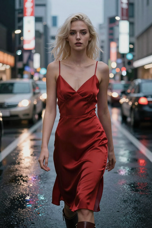 A blonde woman in a red satin slip dress walks through a city street at night.