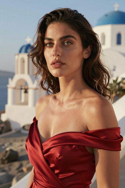A beautiful woman in a red satin dress poses against the backdrop of blue-domed churches.