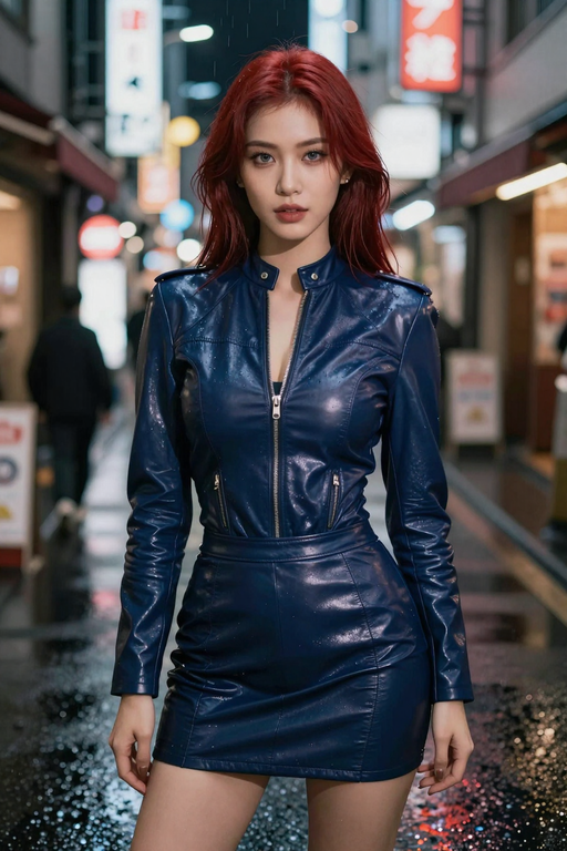 Una donna con vivaci capelli rossi posa con un elegante completo in pelle blu in una strada cittadina.