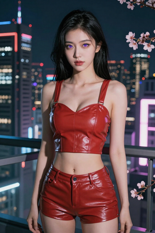 A young woman poses in a red leather outfit against a blurred night city background.