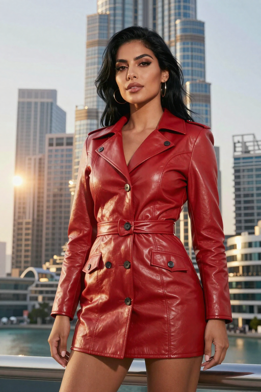 A stylish woman poses in a red leather belted jacket against a backdrop of city skyscrapers.