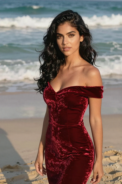 A woman wearing a red velvet dress poses on a sandy beach with ocean waves.