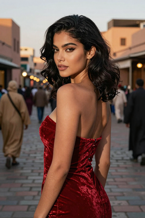 A beautiful woman in a red velvet strapless dress poses during an outdoor street walk.