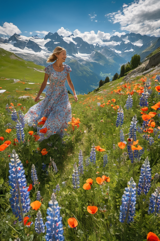 A happy woman in a floral dress walks through a vibrant meadow of wildflowers with mountains in the background.