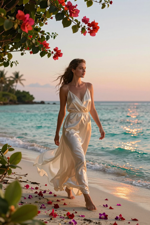 An elegant woman in a flowing satin dress walks along a tropical beach at sunset.