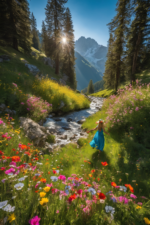 A woman in a blue dress walks through a vibrant wildflower meadow beside a mountain stream.
