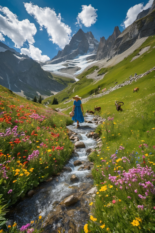 A woman in a floral dress walks through a vibrant meadow of wildflowers with mountains in the background.