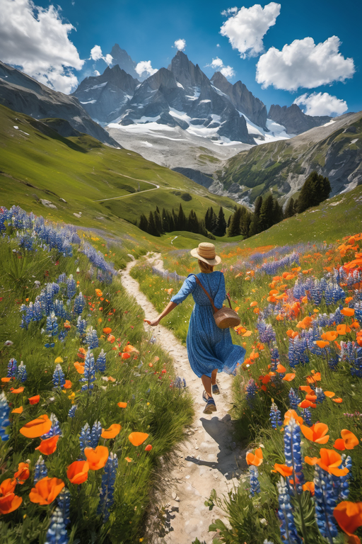 A woman in a blue dress walks along a mountain path surrounded by vibrant wildflowers.
