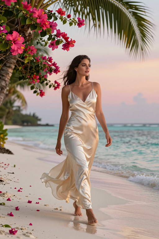 A woman in a flowing white satin dress walks along a tropical beach at sunset.