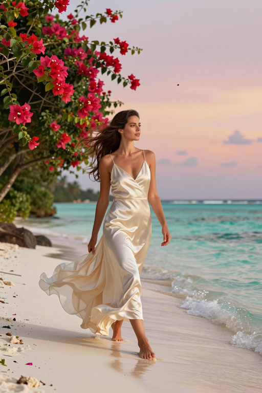 An elegant woman in a flowing satin dress walks along a tropical beach at sunset.