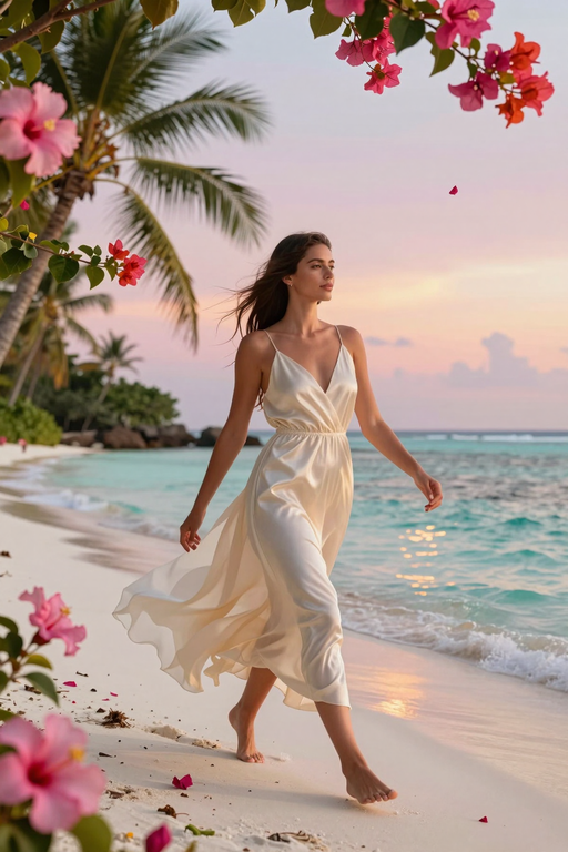 An elegant woman in a flowing white dress walks along a tropical beach at sunset.