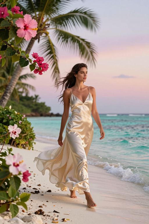 An elegant woman in a flowing satin dress walks along a tropical beach at sunset.