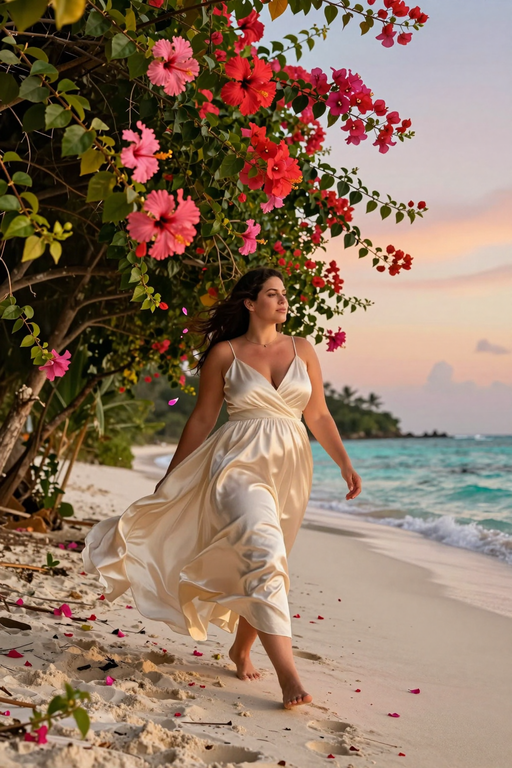 A woman in a flowing white dress walks along a tropical beach near blooming hibiscus flowers.