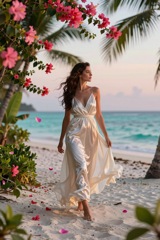 A woman in a flowing white satin dress walks along a tropical beach lined with pink flowers.