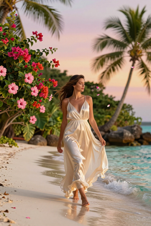 A woman in a flowing white dress walks along a tropical beach at sunset.