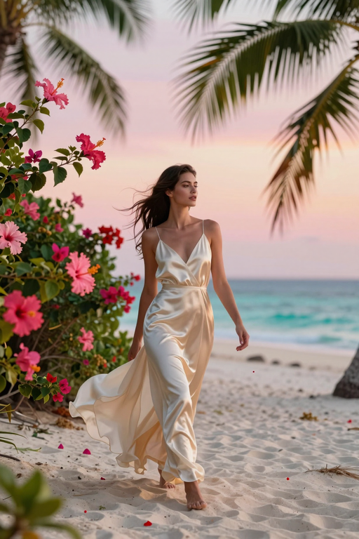 A woman in a flowing white satin dress walks along a tropical beach at sunset.
