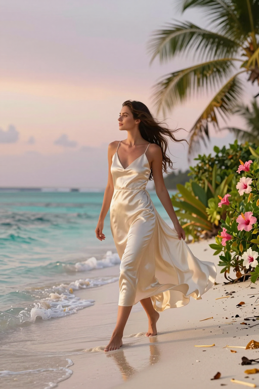 A woman in a flowing satin dress walks along a tropical beach at sunset.