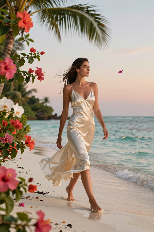 A woman in a flowing satin dress walks along a tropical beach at sunset.