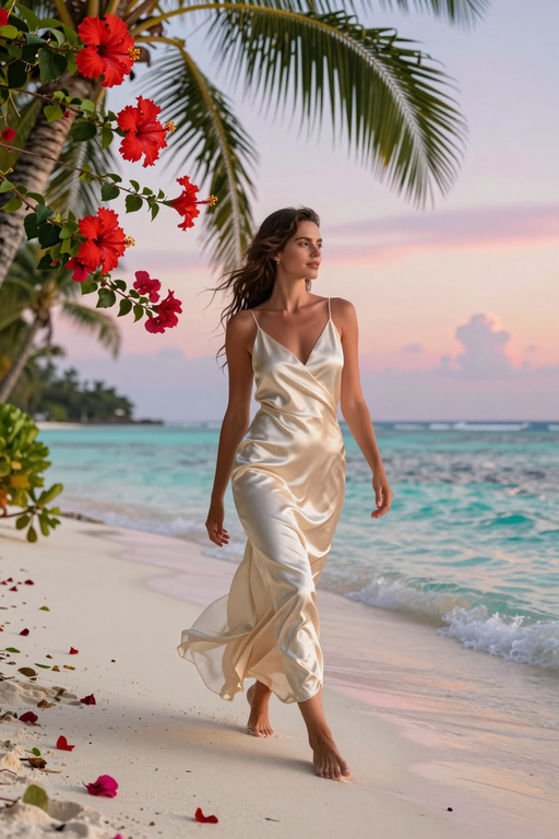 A woman in a flowing satin dress walks along a tropical beach at sunset near hibiscus flowers.